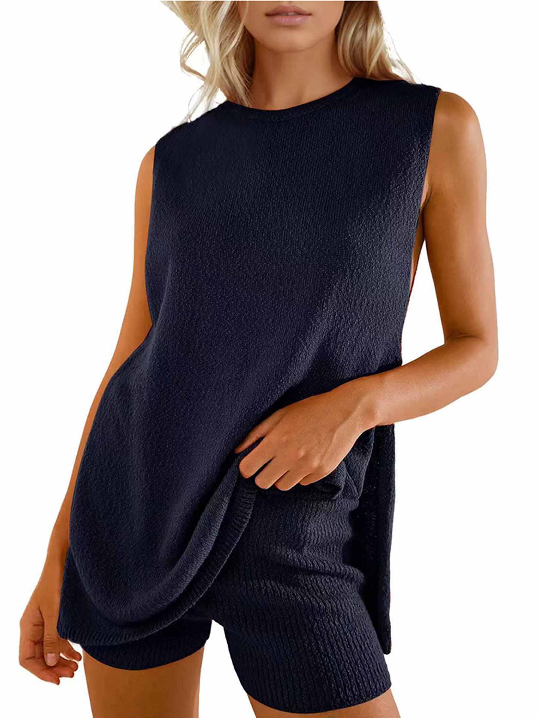 Casual Knitted Sleeveless Shorts and Woolen Clothes Set: Blue