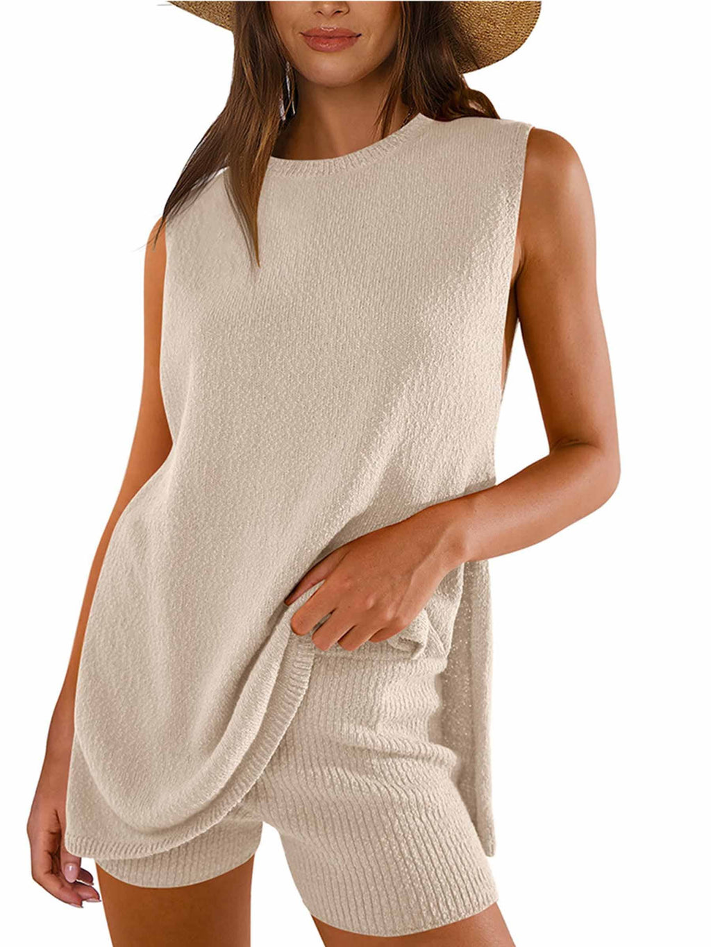 Casual Knitted Sleeveless Shorts and Woolen Clothes Set: Beige