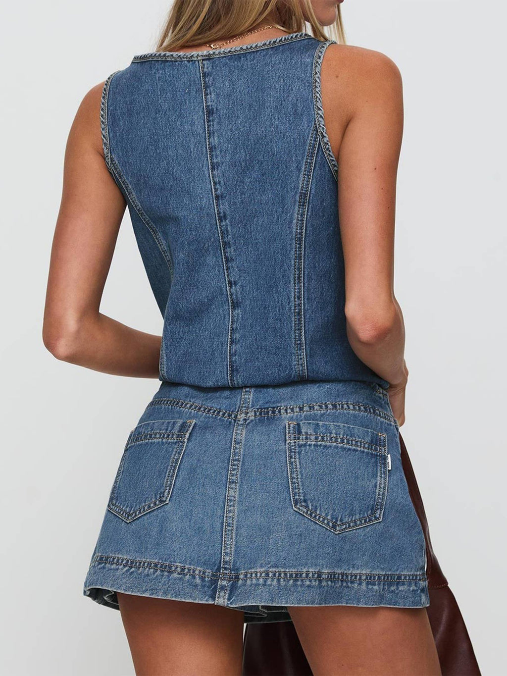 Sleeveless Lace Up Denim Vest Skirt Set