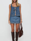 Sleeveless Lace Up Denim Vest Skirt Set